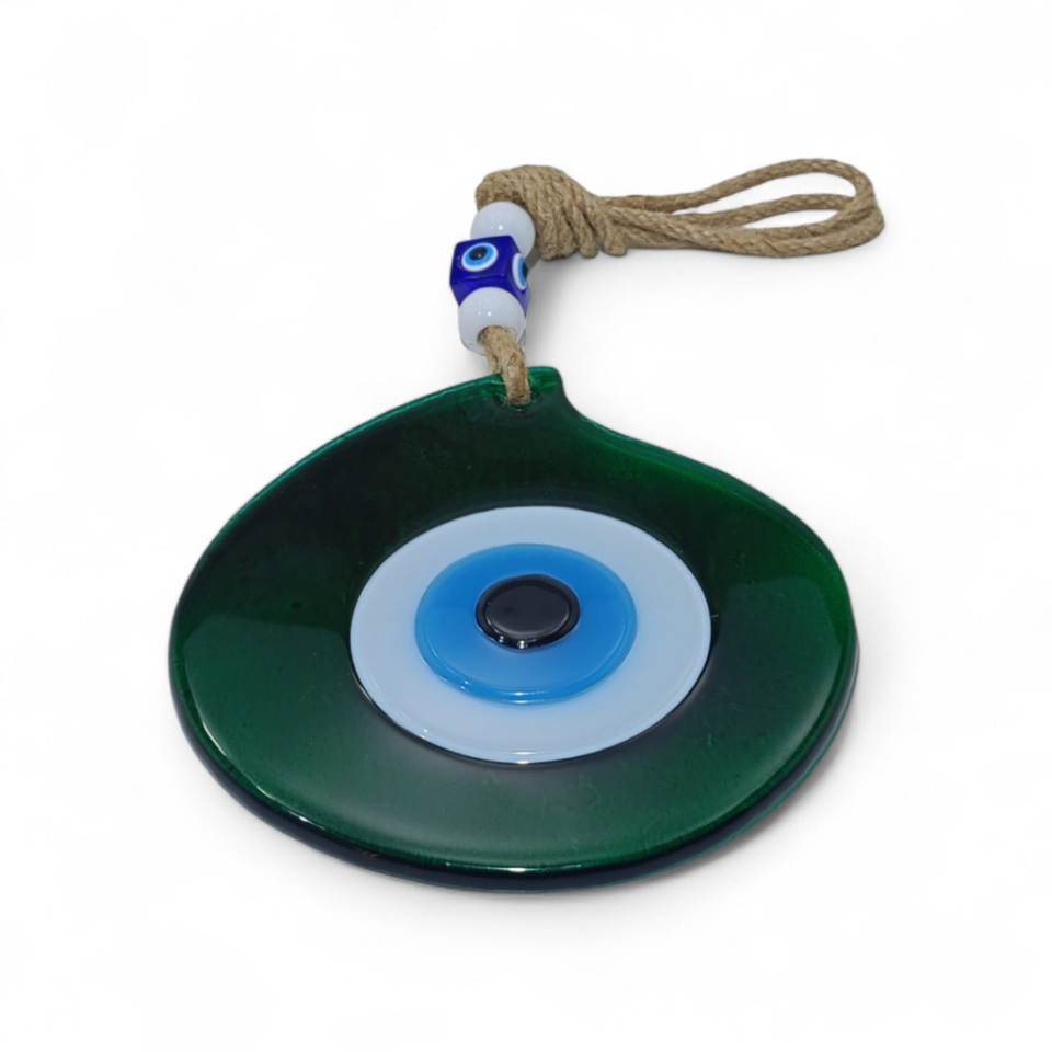 Damla Kulplu Büyük Nazar Boncuğu Füzyon Cam Yeşil (Transparan, 4 mm)