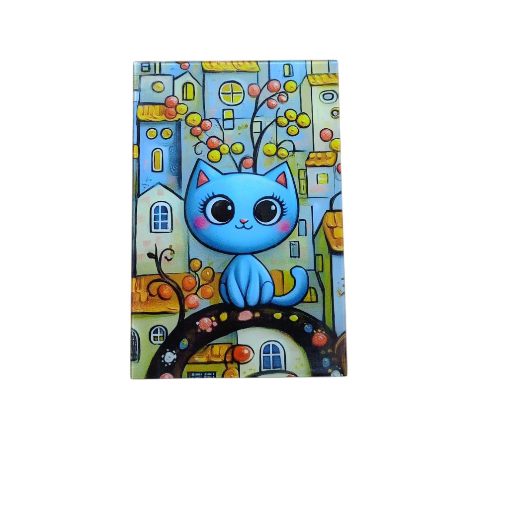Sevimli Mavi Kedi ve Masalsı Şehir Cam Tablo