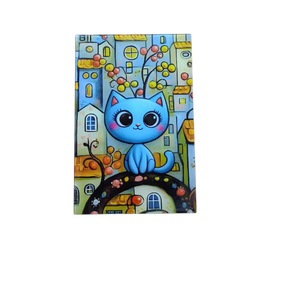 Sevimli Mavi Kedi ve Masalsı Şehir Cam Tablo